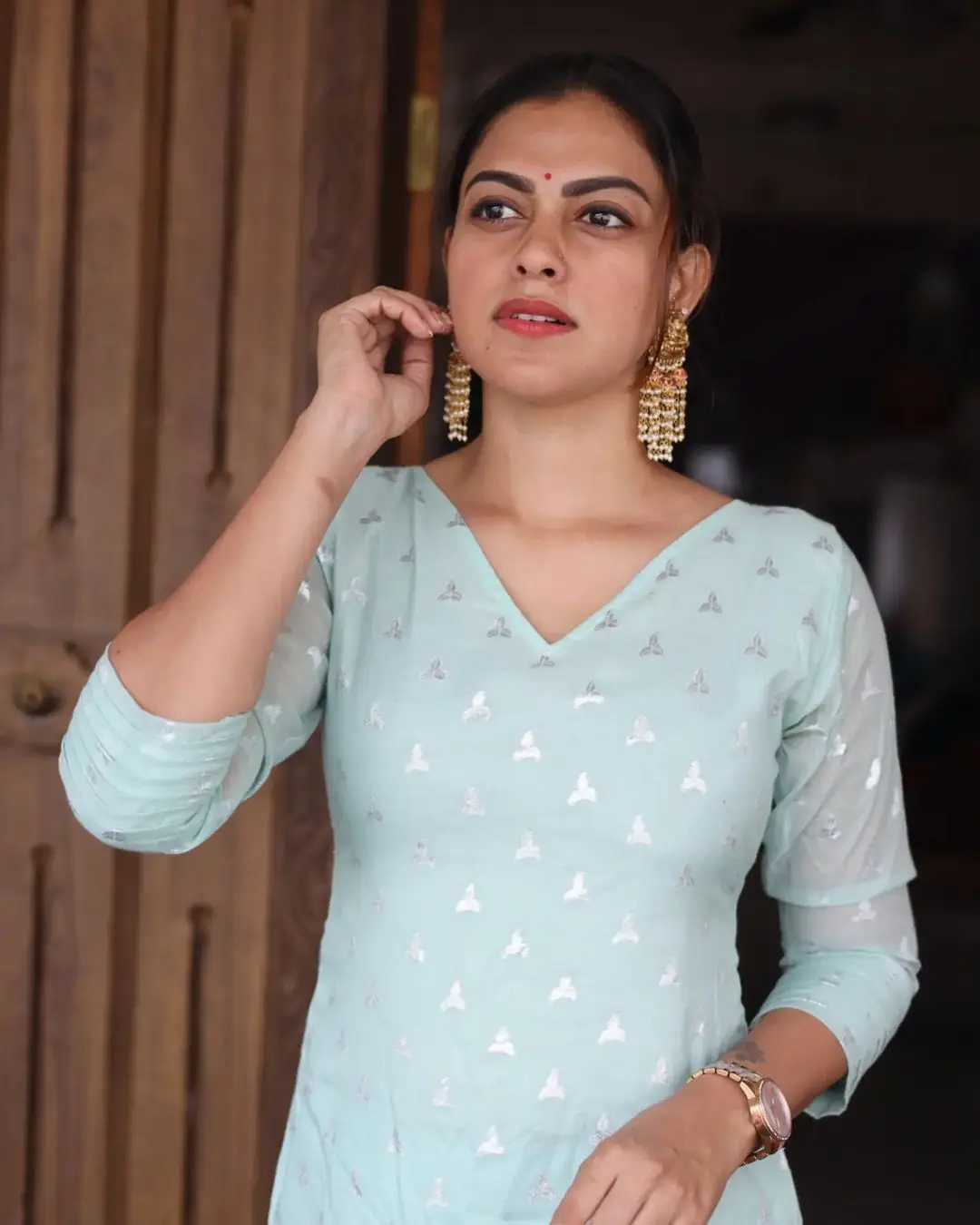 Anusree Nair Wearing Beautiful Earrings Jewellery Blue Gown